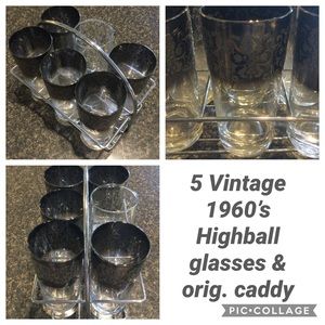 Vintage Highball Glasses (5) + orig. chrome caddy